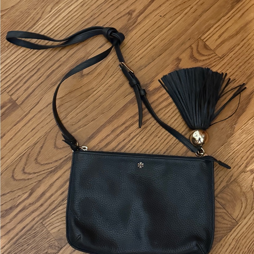 Tory Burch Black Pebbled Leather Crossbody with Tassel Charm